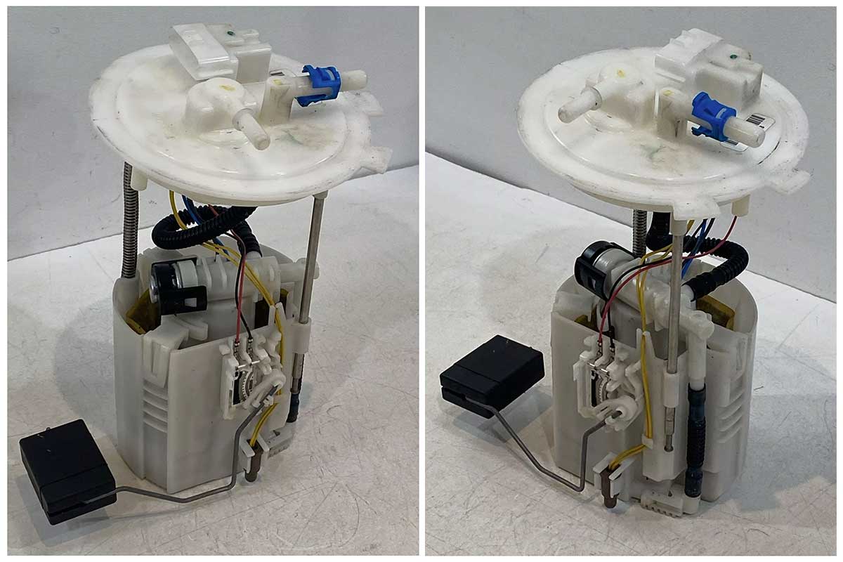 A used fuel pump sitting on a shelf in a junkyard ready for purchase